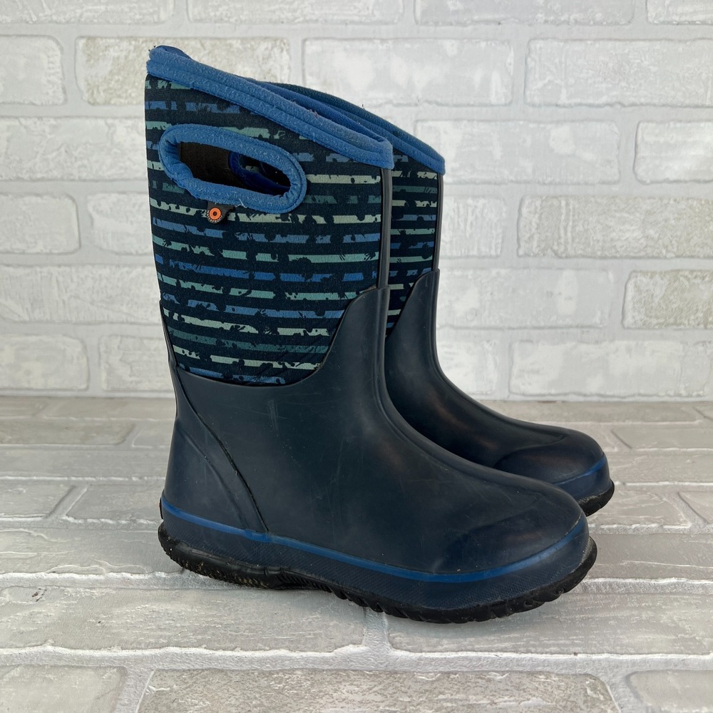 Bogs Rain Boots Youth 2 Blue Classic Stripe Waterproof Insulated Mid Calf Winter